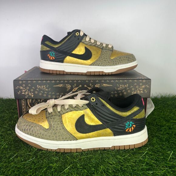 Nike Dunk Low PRM Metallic Gold Khaki Black Women’s 6.5 / Men’s 5 FQ8148-010 - Picture 1 of 6